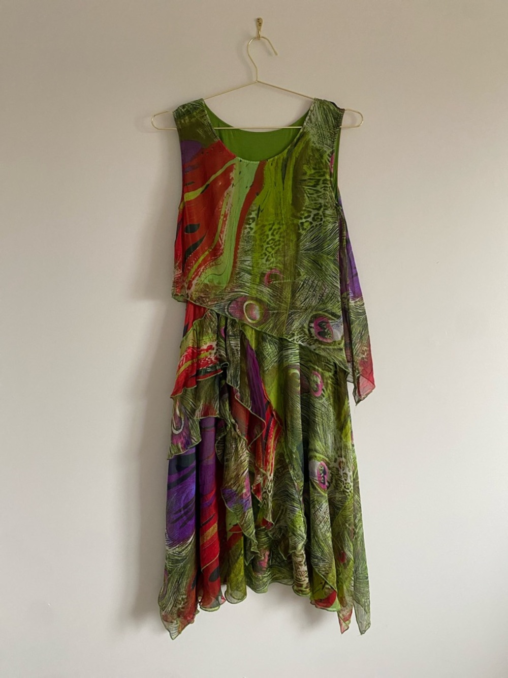 Silk Layered Handkerchief Dress | Abstract Feather Print | Free Size - Picture 2 of 10